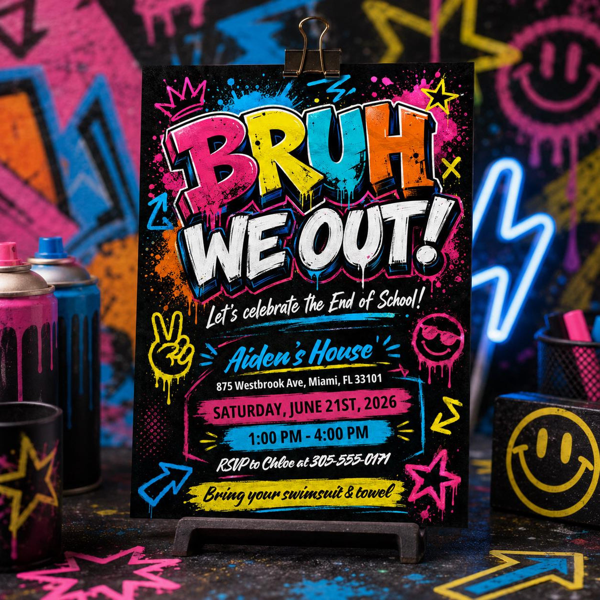 Colorful Bruh We Out End of School Pool Party Invitation — invitation you personalize in Canva