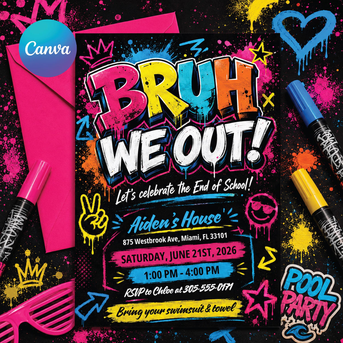 Colorful Bruh We Out End of School Pool Party Invitation — editable Canva template