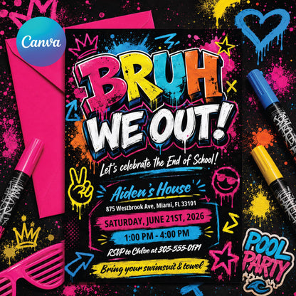 Colorful Bruh We Out End of School Pool Party Invitation — editable Canva template