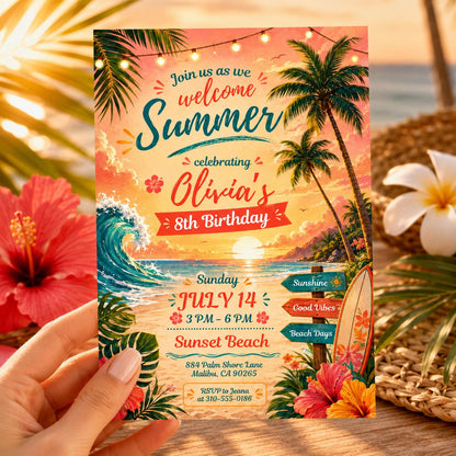 Luau Birthday Invitation Tropical Birthday Invite AnyAge Girl Aloha Summer Party Hawaiian Tiki Pink Floral Hibiscus, Aloha Summer Pool Party __etsy:8012726012