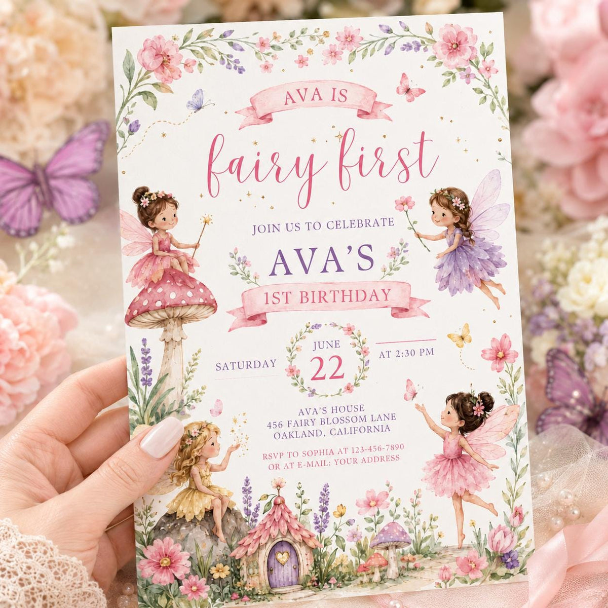 Fairy First Birthday Invitation with Garden Cottage — invitation you personalize in Canva