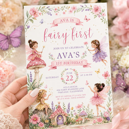 Fairy First Birthday Invitation with Garden Cottage — invitation you personalize in Canva