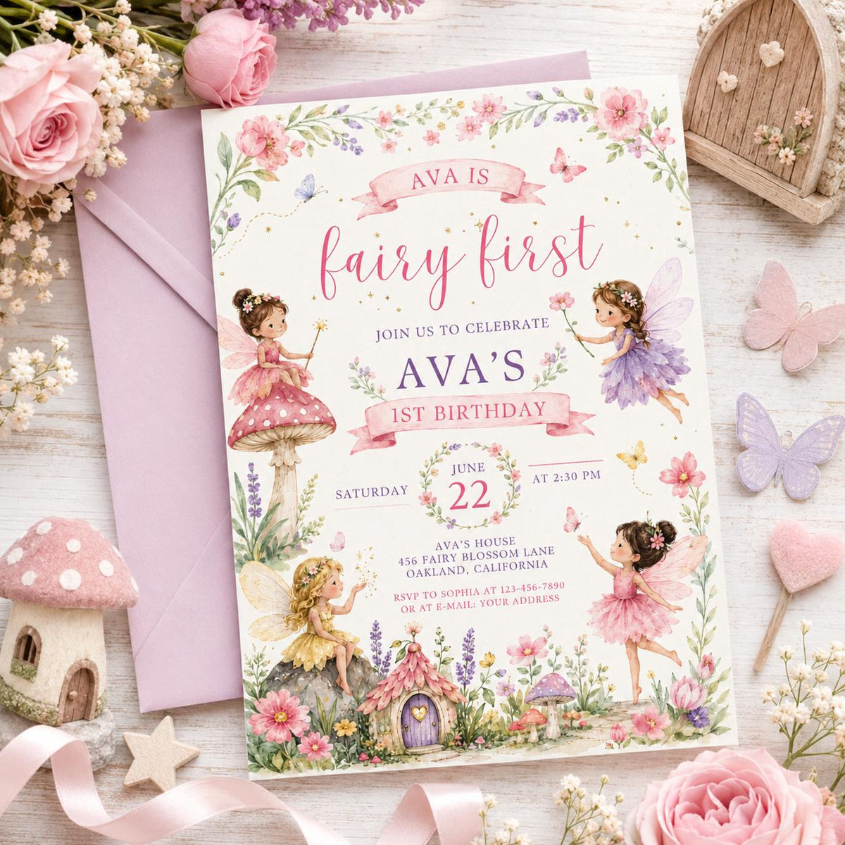 Fairy First Birthday Invitation with Garden Cottage — digital invitation, instant download