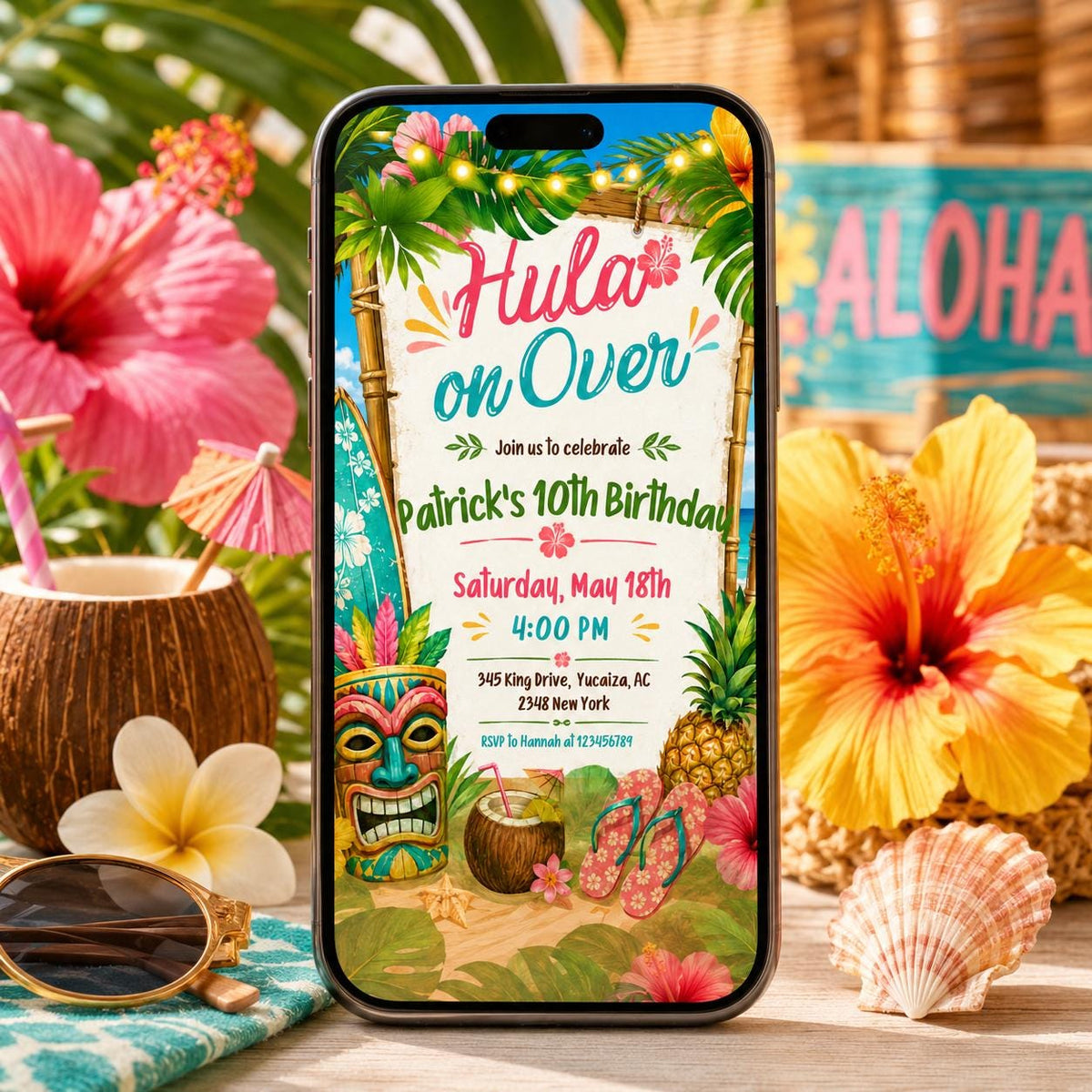 Hula on Over Tropical 10th Birthday Invitation — print-ready 10th birthday party design from VoltBy