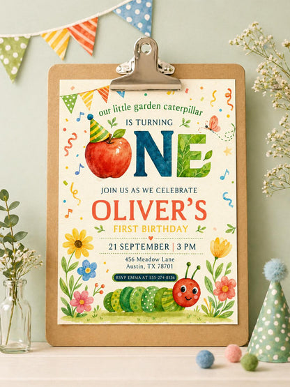 Little Caterpillar First Birthday Invitation, Garden Bug Birthday Invite, ONE Birthday Invite, Editable Canva Template, Printable Invitation __etsy:8018097737