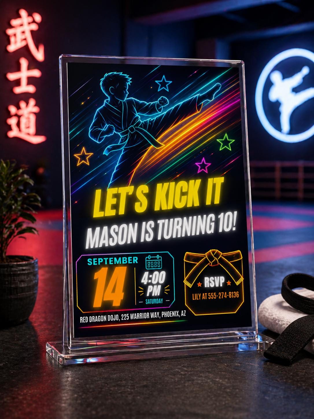 Neon Karate 10th Birthday Invitation in Blue and Yellow — digital invitation, instant download