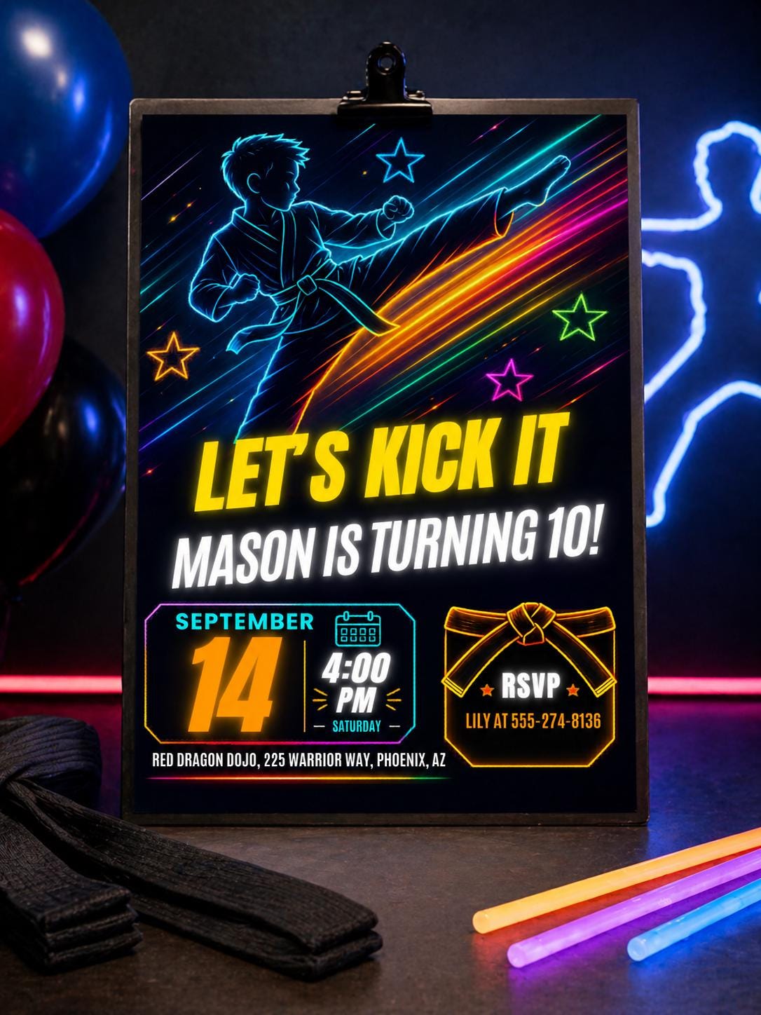 Neon Karate 10th Birthday Invitation in Blue and Yellow — print-ready 10th birthday party design from VoltBy