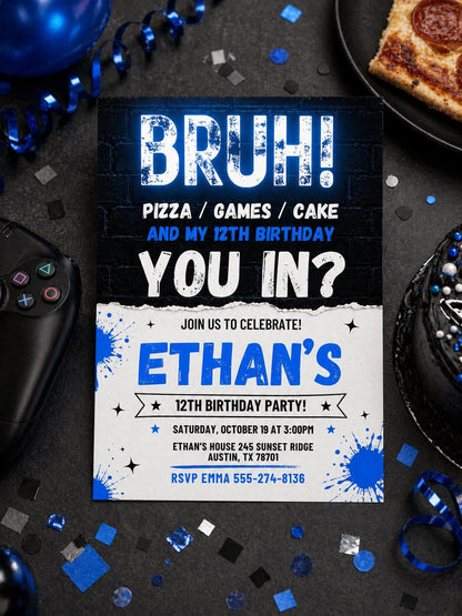 Bruh You In 12th Birthday Invitation in Blue and White — art pool artwork in black