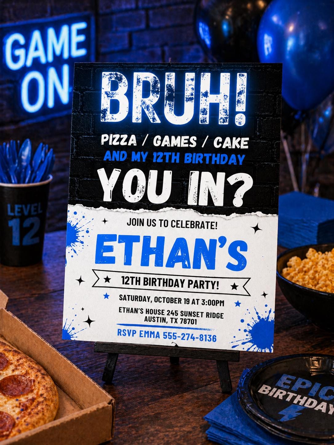 Bruh You In 12th Birthday Invitation in Blue and White — art pool design