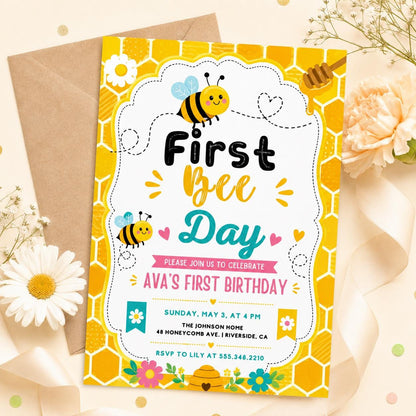Bee First Birthday Invitation Template, Bee Invitation, 1st Birthday, Buzz On Over, So Sweet, Bee One, Little Honey, Party Invitation, Canva __etsy:8018507504