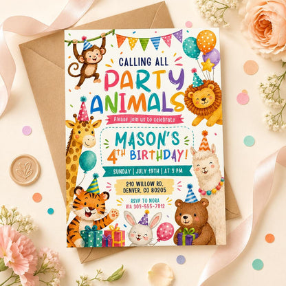 Calling All Party Animals 4th Birthday Invitation — invitation you personalize in Canva