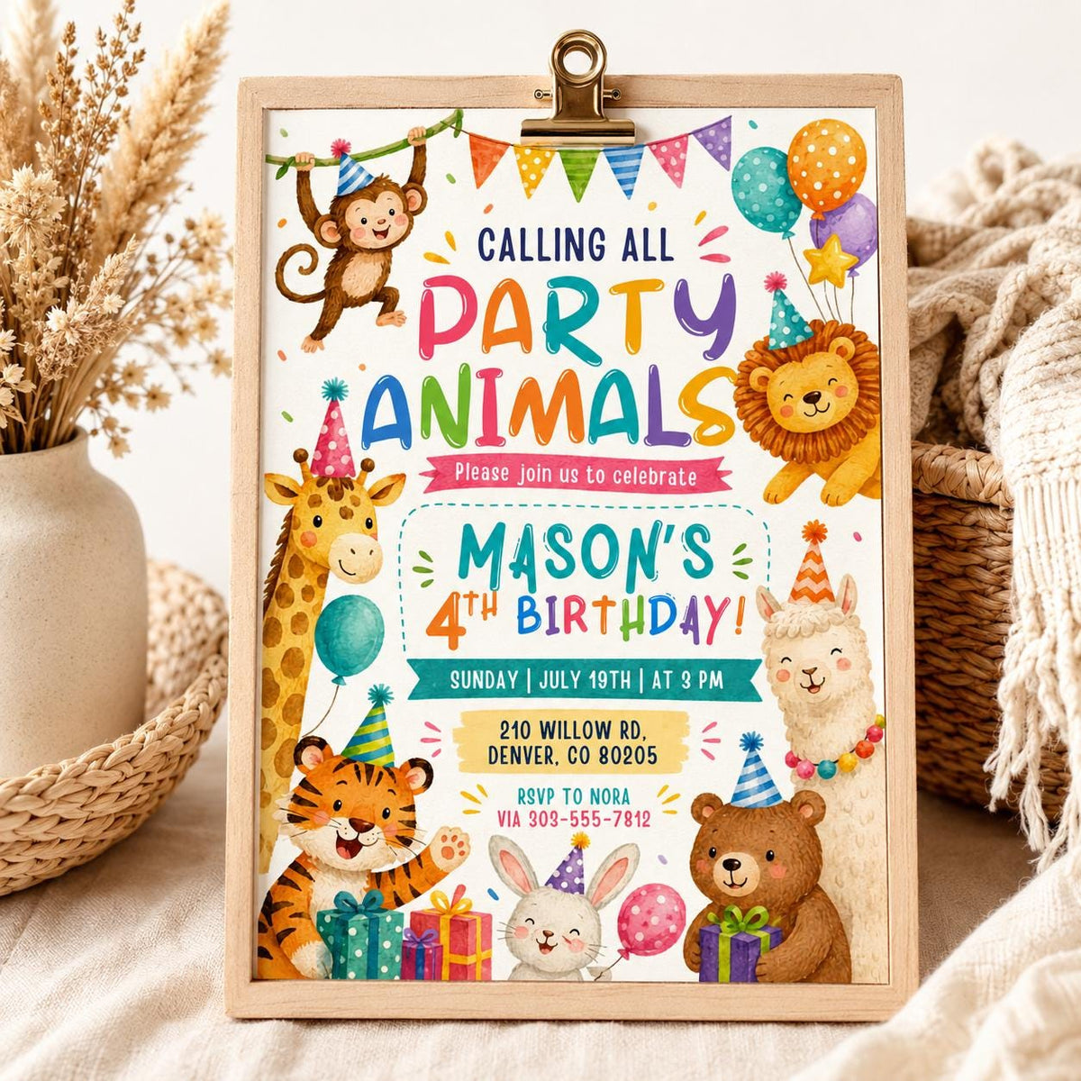 Calling All Party Animals 4th Birthday Invitation — print-ready 4th birthday party design from VoltBy