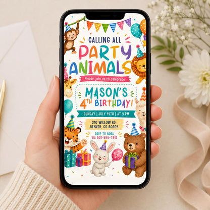 Calling All Party Animals 4th Birthday Invitation — digital invitation, instant download