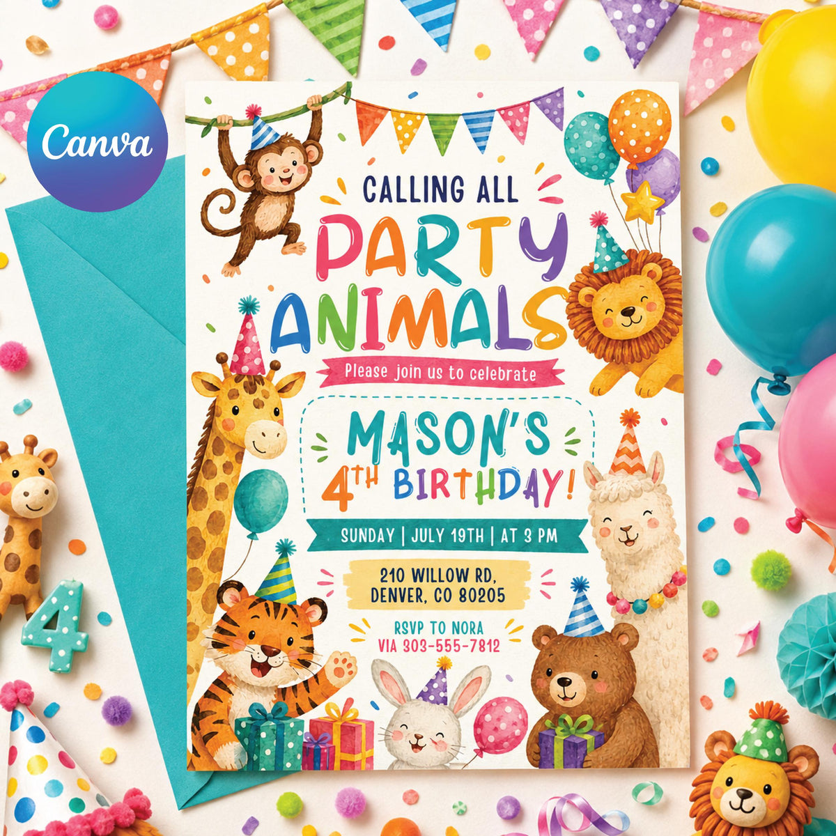 Calling All Party Animals 4th Birthday Invitation — editable Canva template