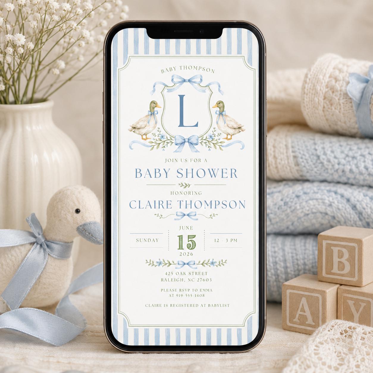 Baby Shower Invitation Template: Editable Ducks & Bows Design, Editable Canva Template __etsy:8018585648