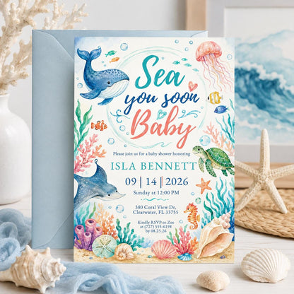 Sea You Soon Baby Shower Invitation with Whale and Dolphin — jellyfish design