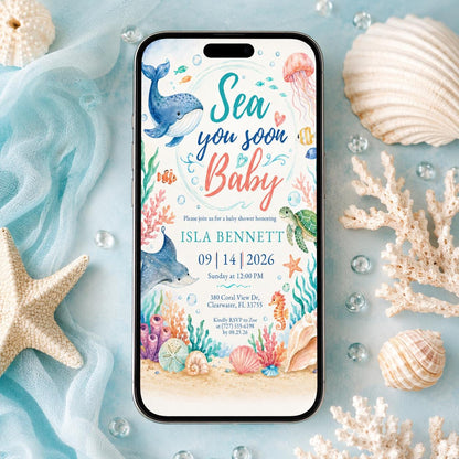 Sea You Soon Baby Shower Invitation with Whale and Dolphin — invitation you personalize in Canva