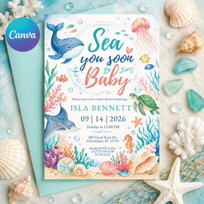 Sea You Soon Baby Shower Invitation with Whale and Dolphin — editable Canva template