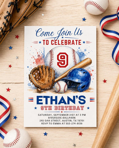 Baseball Equipment 9th Birthday Invitation — invitation you personalize in Canva