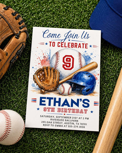 Baseball Equipment 9th Birthday Invitation — digital invitation, instant download