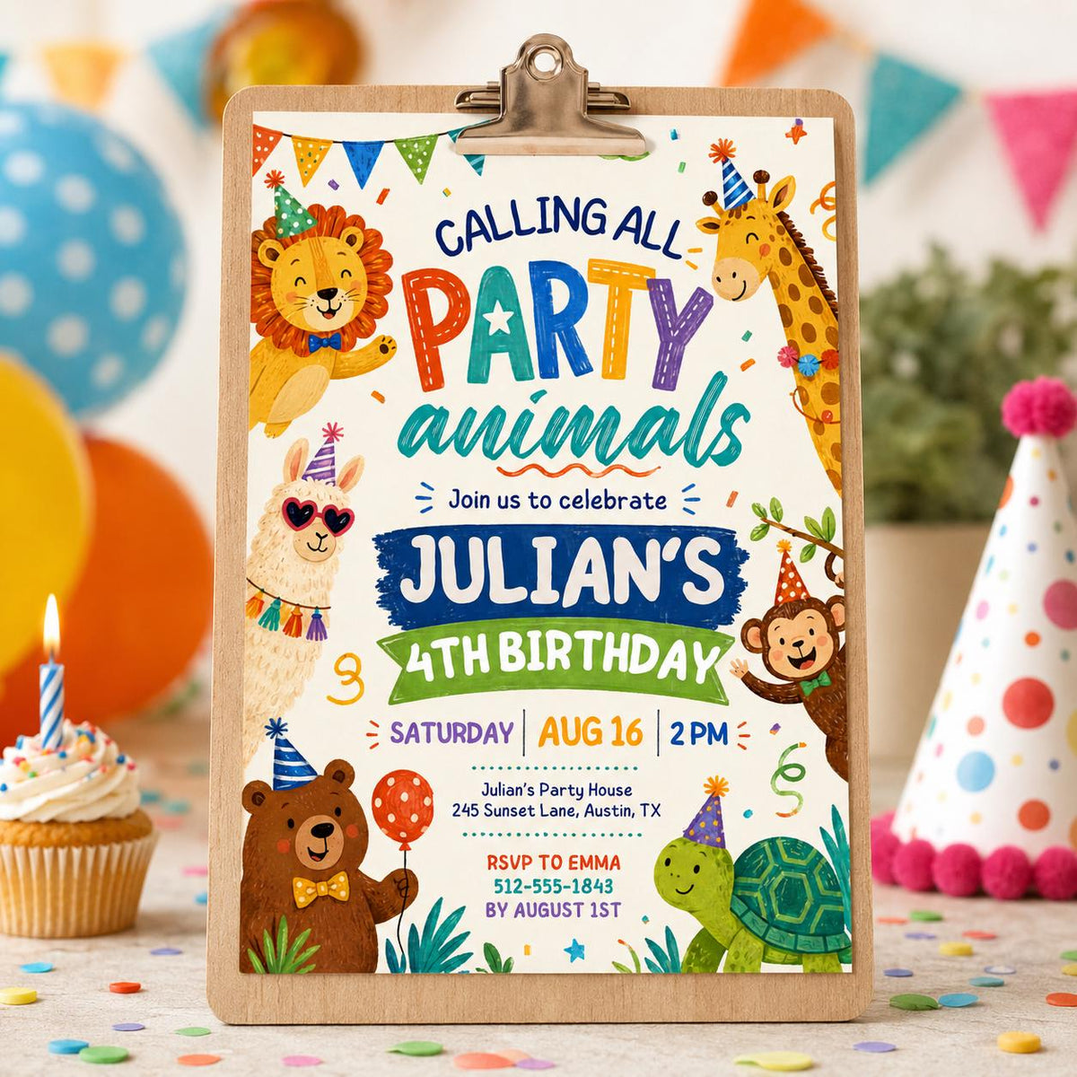 Jungle Party Animals 4th Birthday Invitation — giraffe and lion design