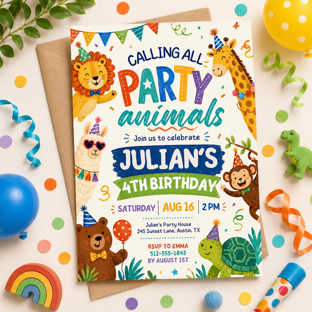 Jungle Party Animals 4th Birthday Invitation — invitation you personalize in Canva