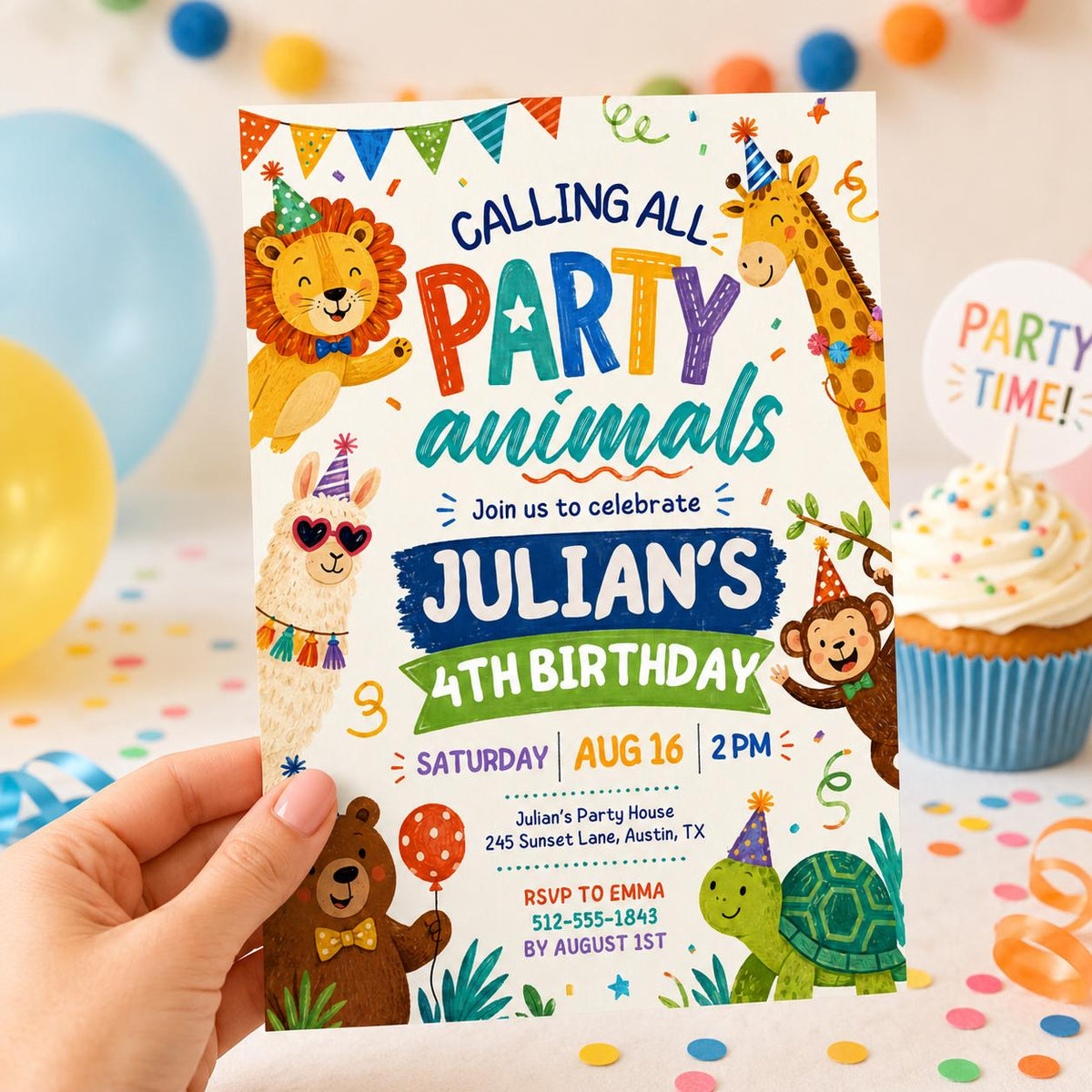Jungle Party Animals 4th Birthday Invitation — hand drawn 4th birthday party design