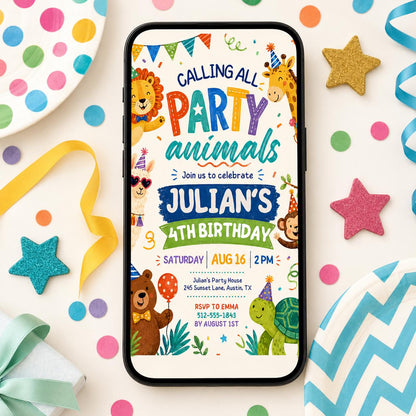 Jungle Party Animals 4th Birthday Invitation — giraffe and lion artwork in green and orange