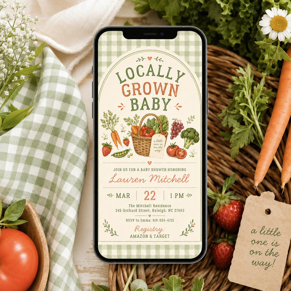 Locally Grown Baby Shower Invitation with Green Gingham — print-ready baby shower design from VoltBy