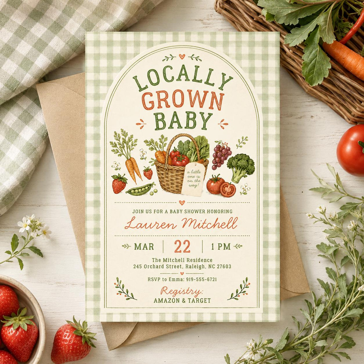 Locally Grown Baby Shower Invitation with Green Gingham — digital invitation, instant download