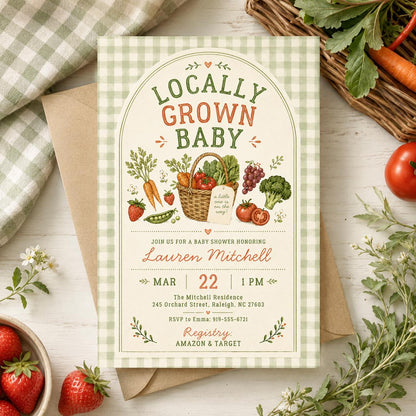 Locally Grown Baby Shower Invitation with Green Gingham — digital invitation, instant download