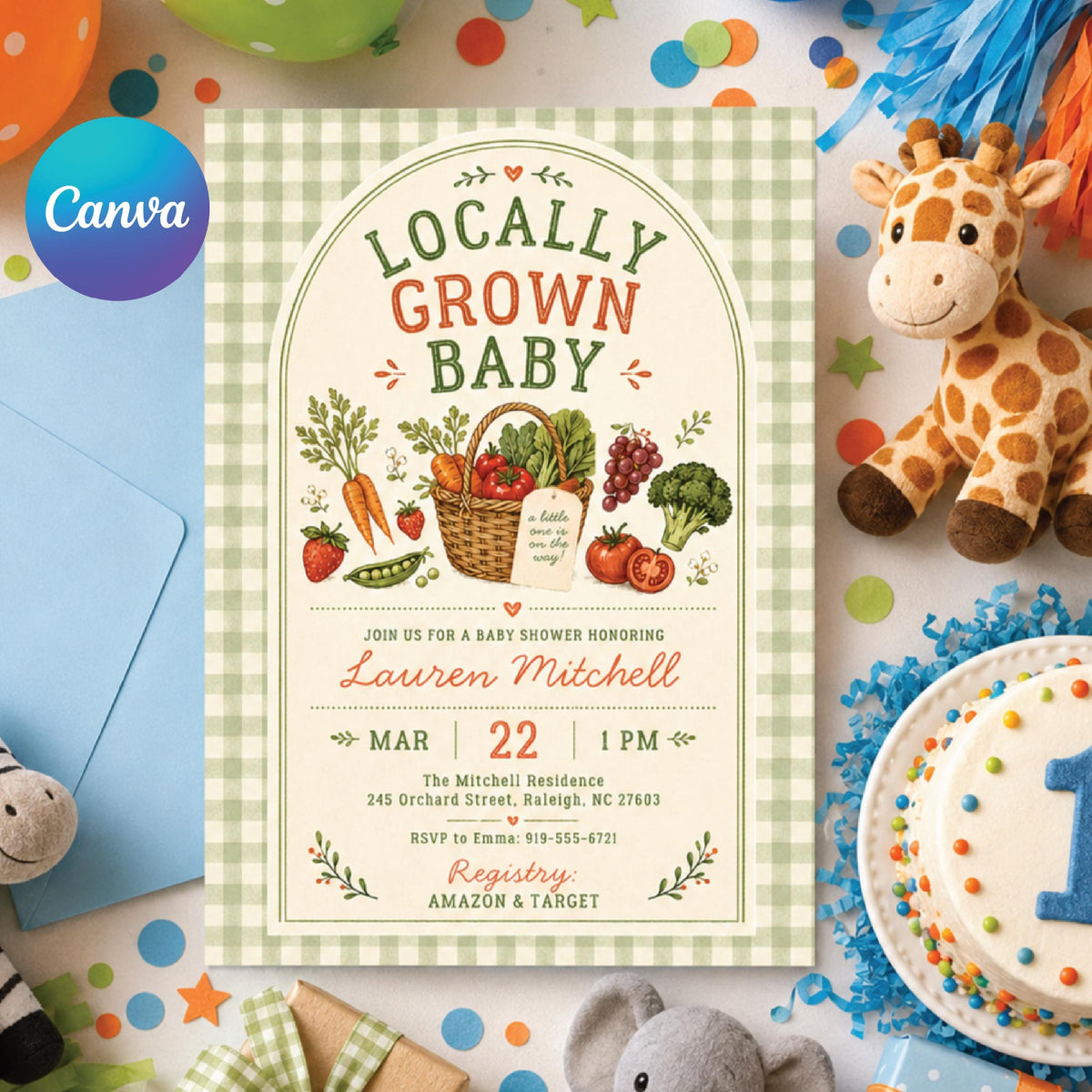 Locally Grown Baby Shower Invitation with Green Gingham — editable Canva template