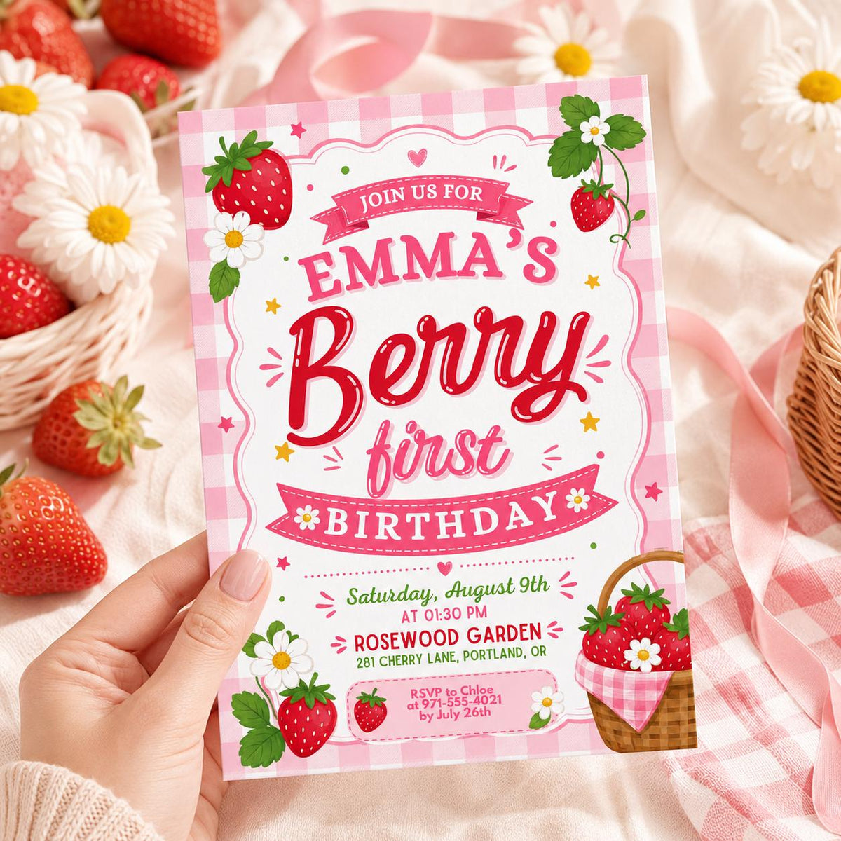 Berry First Birthday Invitation with Scalloped Border — strawberry design