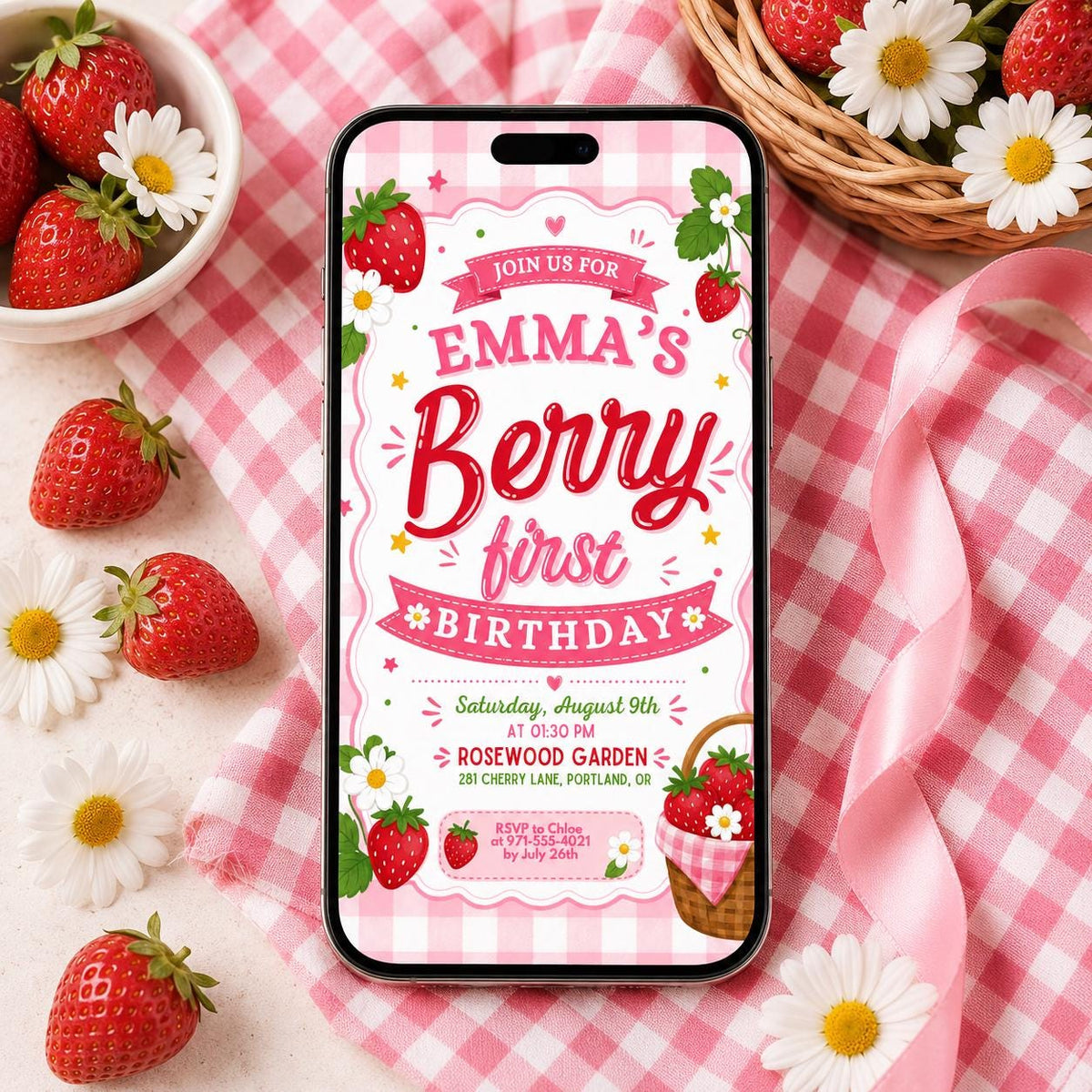 Berry First Birthday Invitation with Scalloped Border — invitation you personalize in Canva