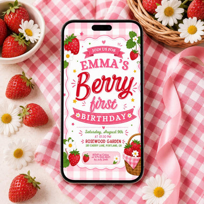 Berry First Birthday Invitation with Scalloped Border — invitation you personalize in Canva