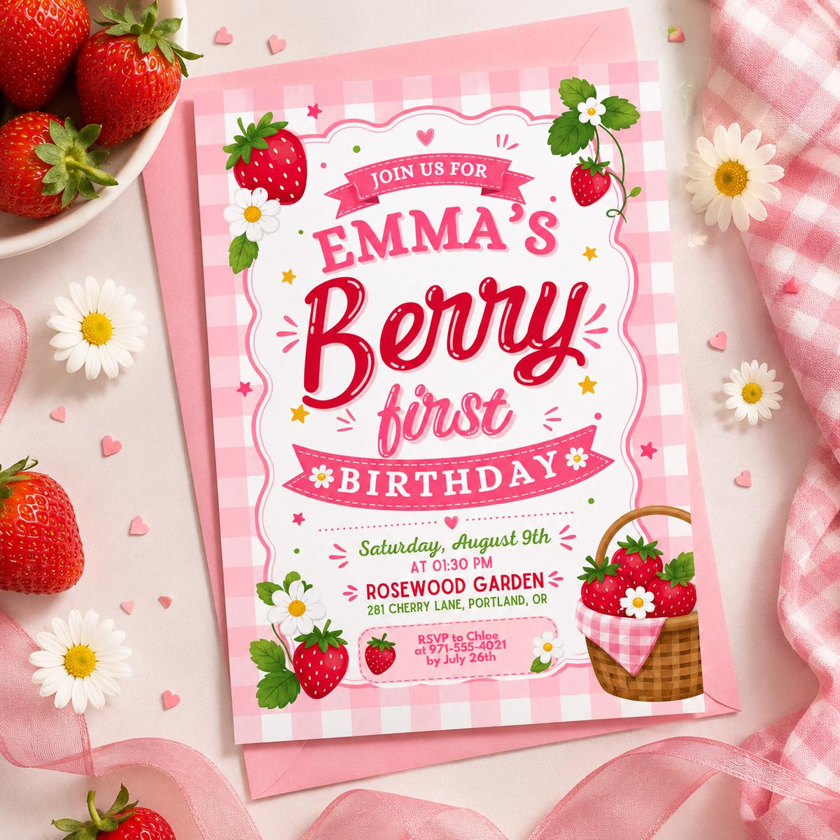 Berry First Birthday Invitation with Scalloped Border — strawberry artwork in pink and red