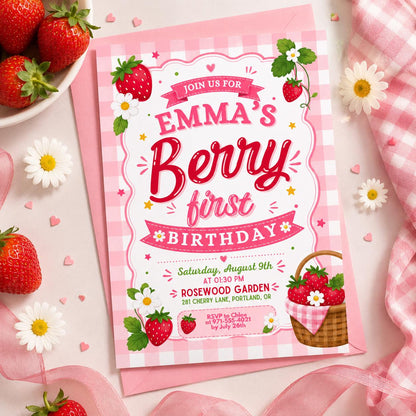 Berry First Birthday Invitation with Scalloped Border — strawberry artwork in pink and red