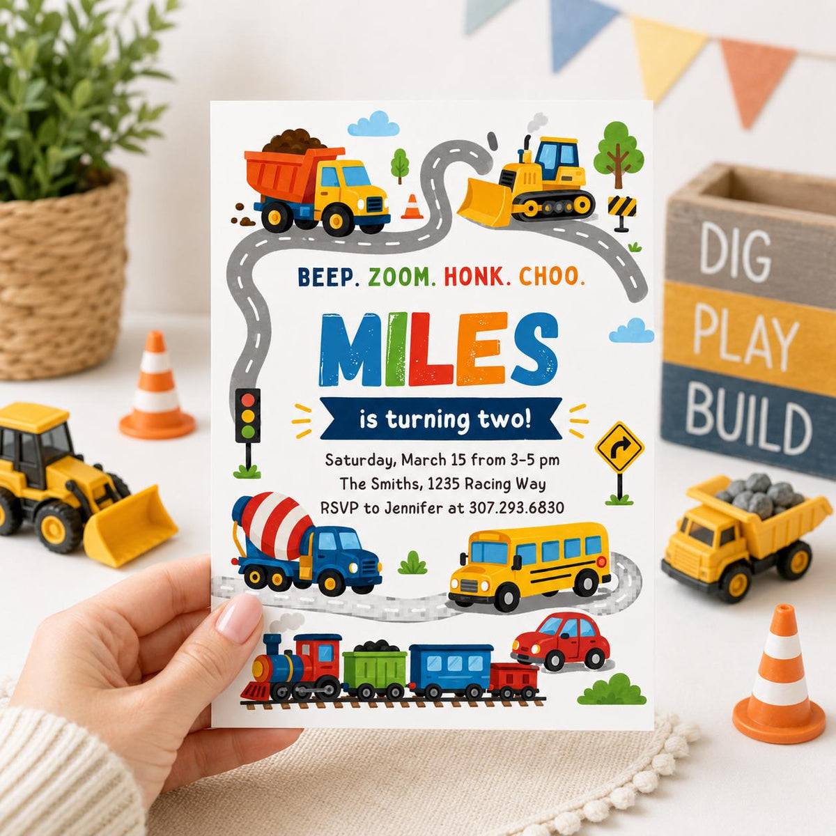 Beep Zoom Honk Choo Transportation 2nd Birthday Invitation — print-ready 2nd birthday party design from VoltBy