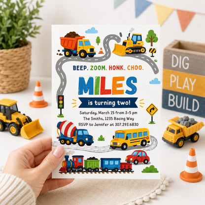 Beep Zoom Honk Choo Transportation 2nd Birthday Invitation — print-ready 2nd birthday party design from VoltBy