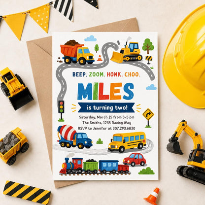 Beep Zoom Honk Choo Transportation 2nd Birthday Invitation — fire truck and school bus artwork in blue and red