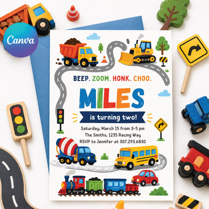 Beep Zoom Honk Choo Transportation 2nd Birthday Invitation — editable Canva template