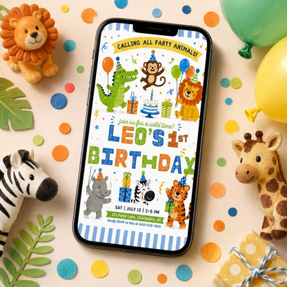 Safari First Birthday Evite, Wild One Birthday, 1st Birthday Digital Invite, Jungle First Birthday Evite, Jungle Animals Party, Canva __etsy:8019141120