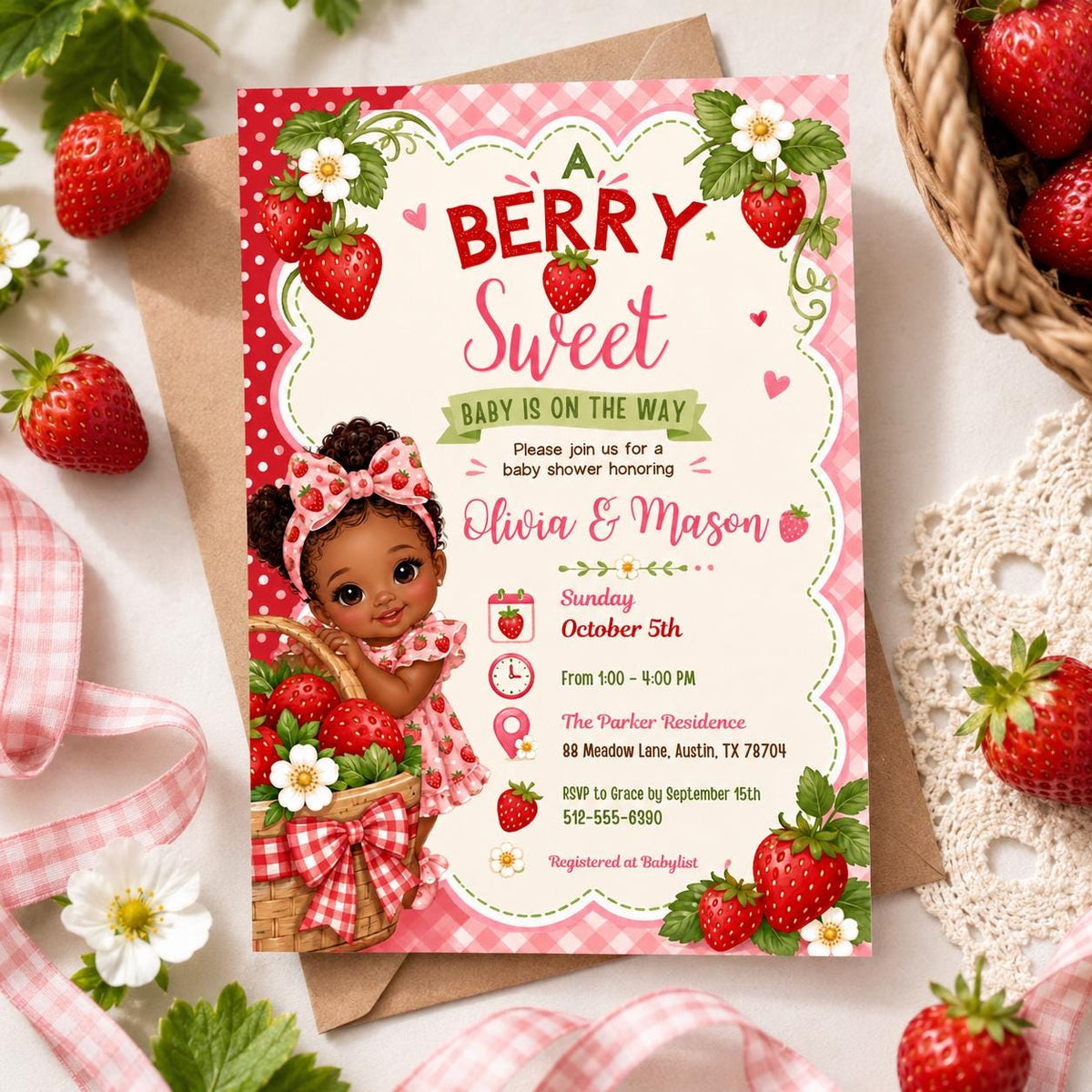 Berry Sweet Baby Shower Invitation with Baby Illustration — floral baby shower design