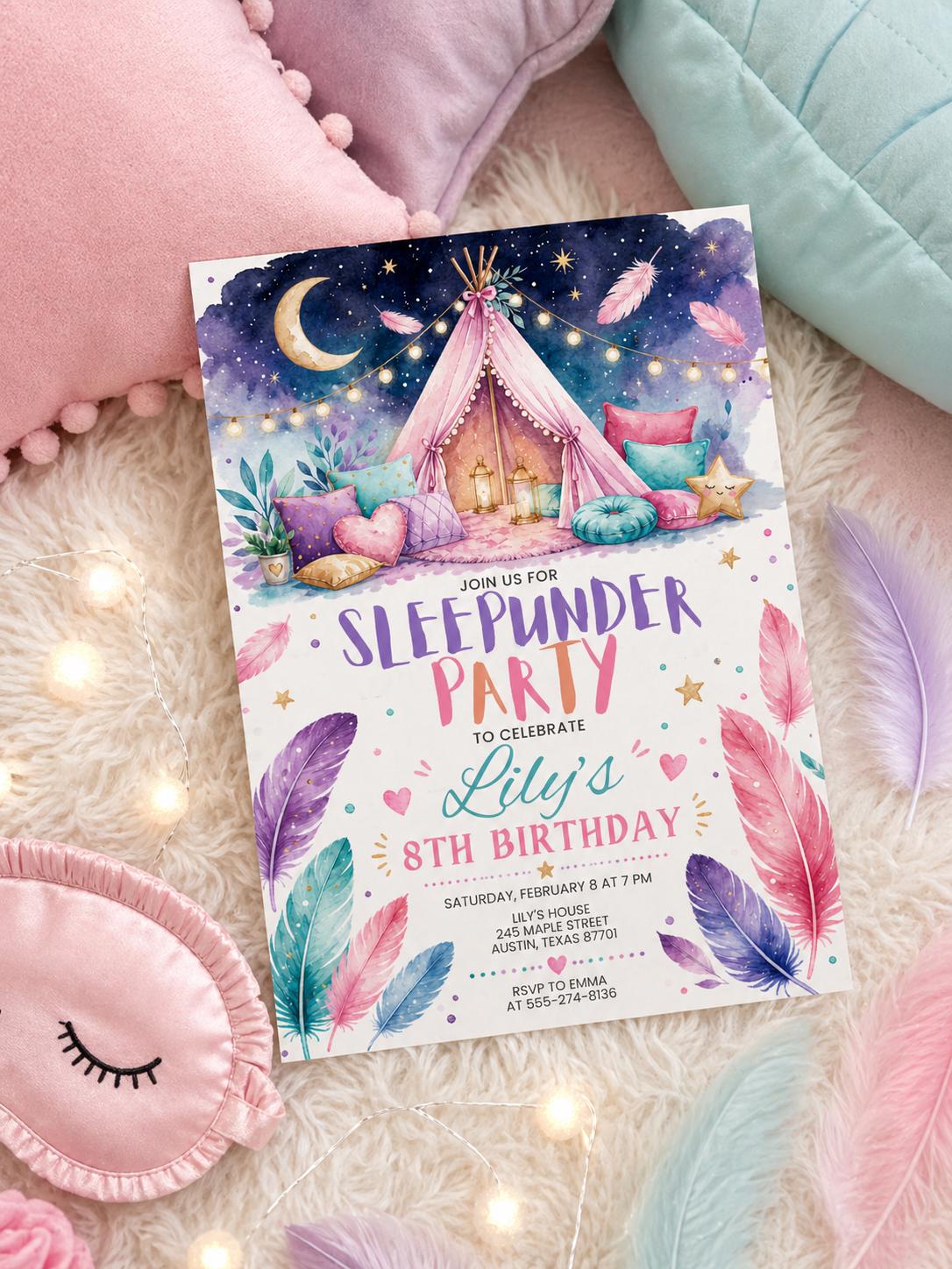 Sleep under, Slumber, birthday invi, Sleepover  party, sleep over birthday, invitation pink purple girl backyard movie night, Template canva __etsy:8020236341