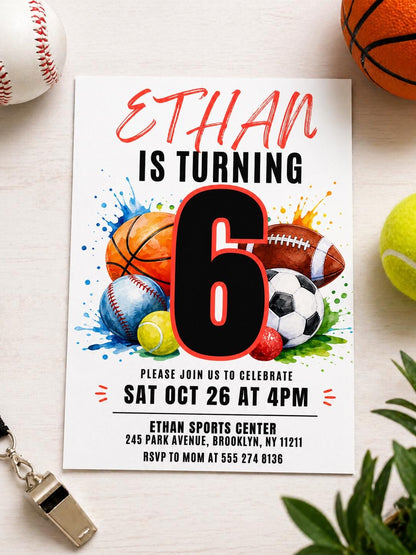 All-Star Sports 6th Birthday Invitation with Basketball and Baseball — art design