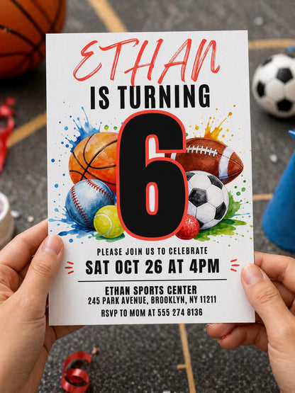 All-Star Sports 6th Birthday Invitation with Basketball and Baseball — print-ready 6th birthday party design from VoltBy