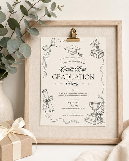 Graduation Doodle Invitation with Books and Bow — invitation you personalize in Canva