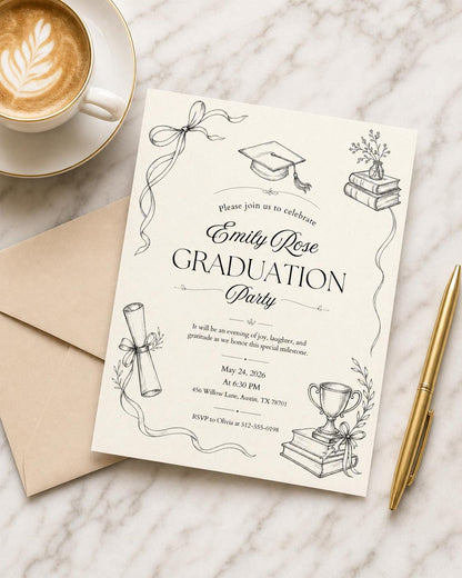 Graduation Doodle Invitation with Books and Bow in black white