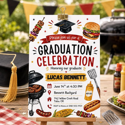 Graduation BBQ Invitation, Editable Graduation BBQ Celebration Invitation, Printable Modern Senior Class Grad Party Invite, Canva Template __etsy:8022345914