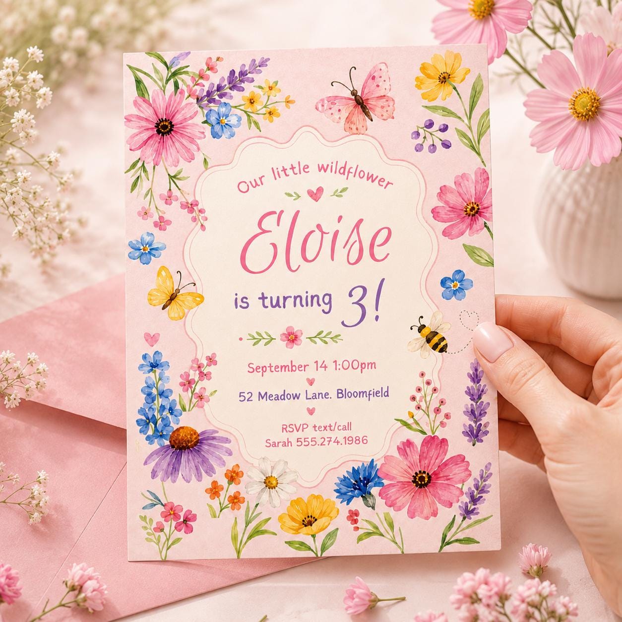 Wildflower Birthday Invitation, Girl 3rd Birthday Party Invite, Garden Party Invite, Editable Wild Flower, Pink Pastel Floral, Canva __etsy:8022552384